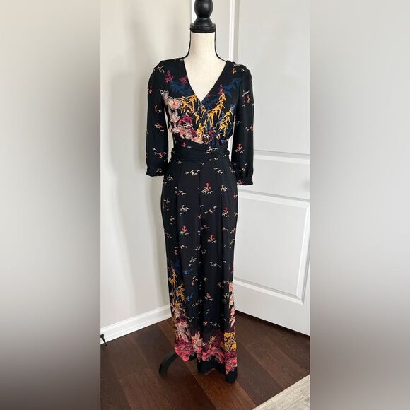 Anthropologie Feather Bone Black Printed Jumpsuit Size 0 - Picture 1 of 9